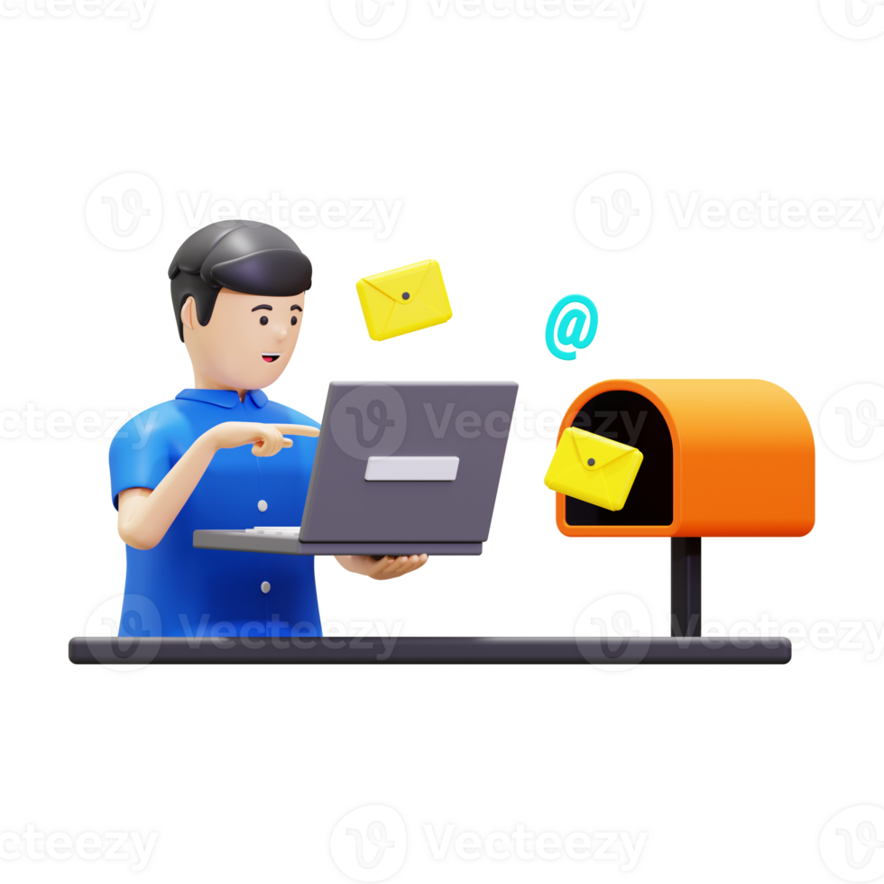 3d Man Sending Email From Laptop Illustration png