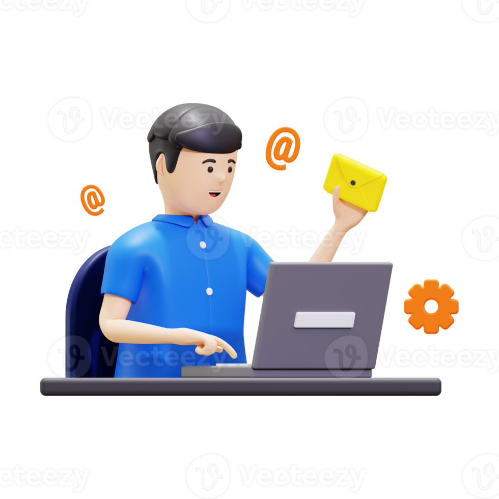 3d Man Sending Email From Laptop Illustration png