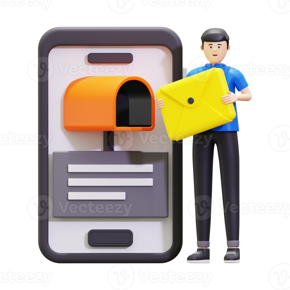 3d Man Sends Email In Mailbox Illustration png