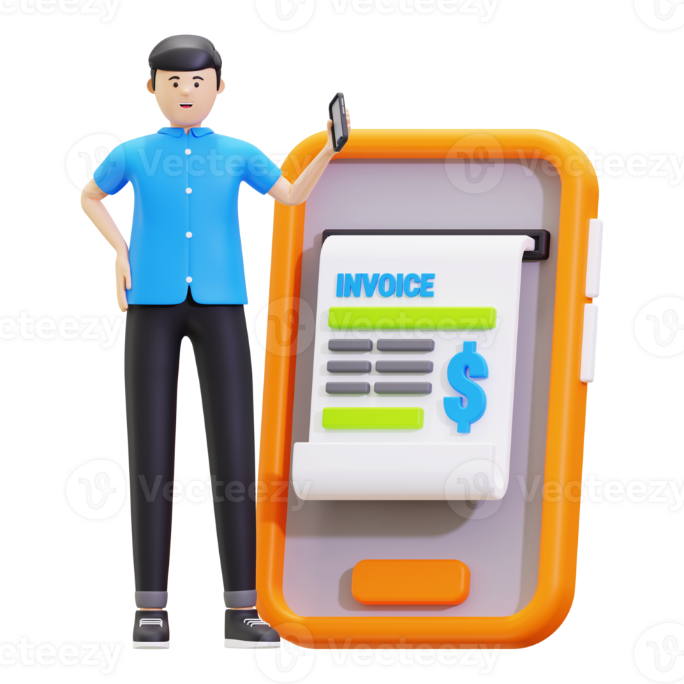 3d Young Man Showing Invoice Bill On Phone Illustration png