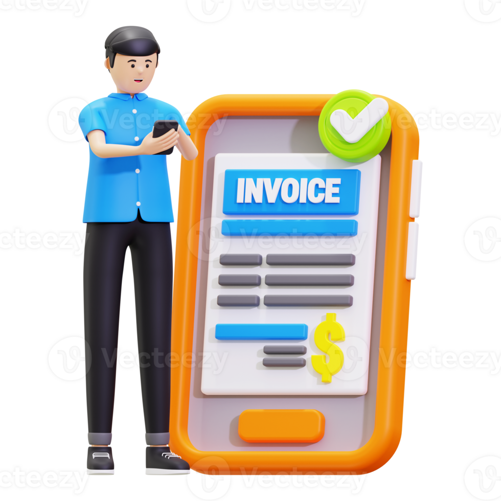 3d Young Man Showing Online Invoice Bill Illustration png