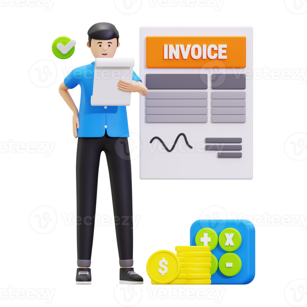 3d Young Man Looking Invoice Bill Illustration png