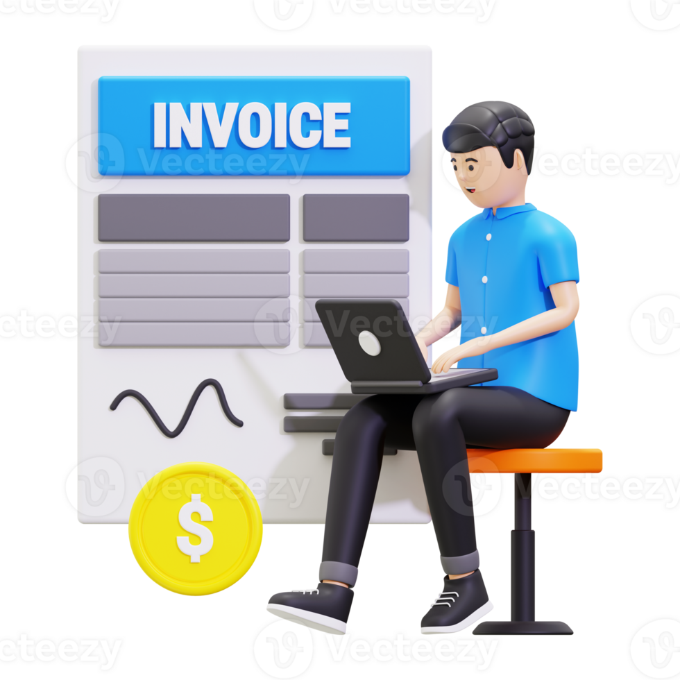 3d Young Man Watching Online Invoice On Laptop Illustration png