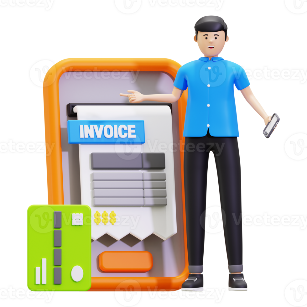 3d Young Man Showing Online Invoice Payment Illustration png