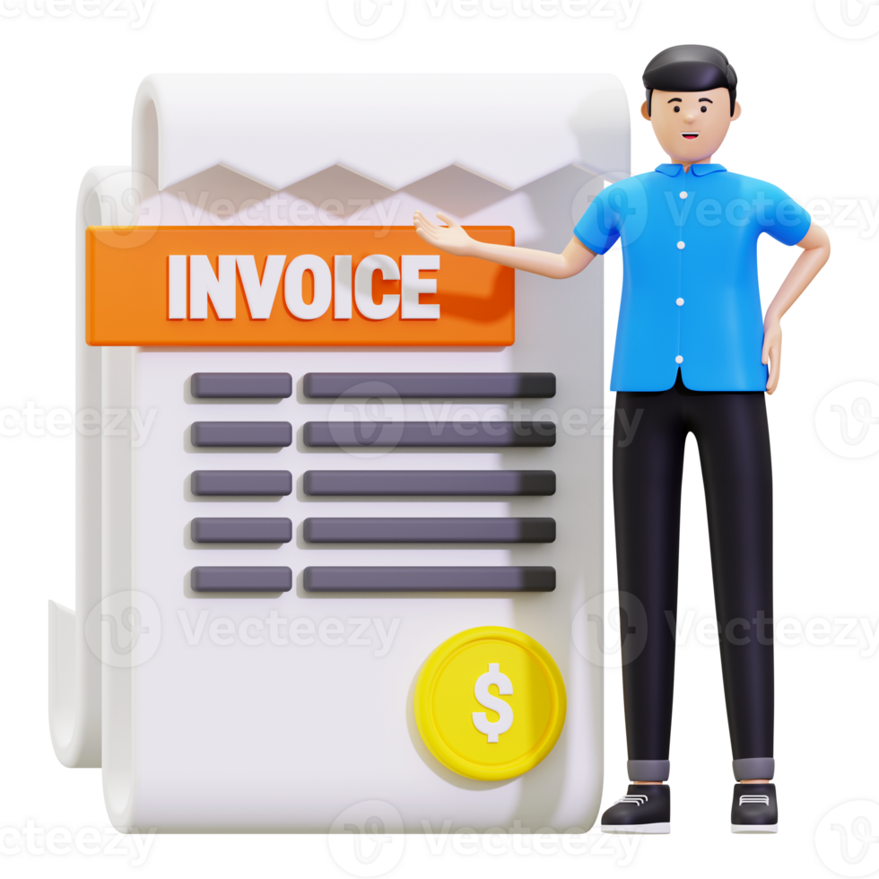 3d Young Man Showing Invoice Bill Illustration png