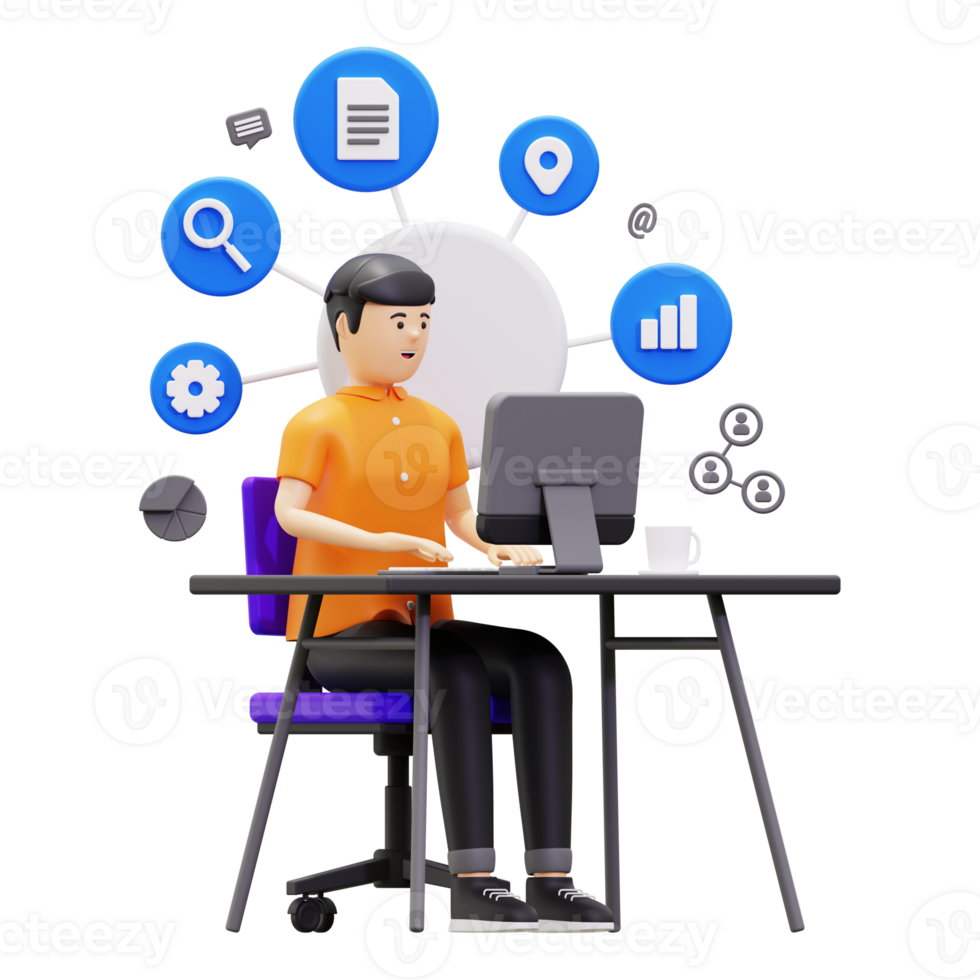 3d Young Man Working On Computer Illustration png