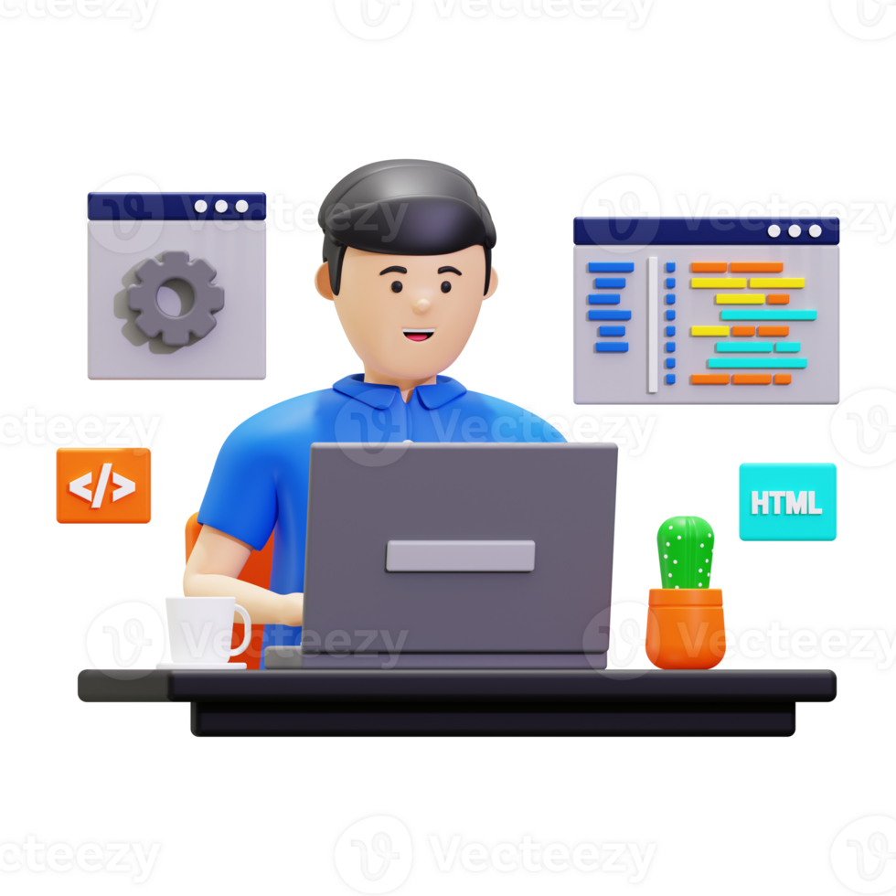 3d Software Engineer Making Adjustments To Program Coding Illustration png