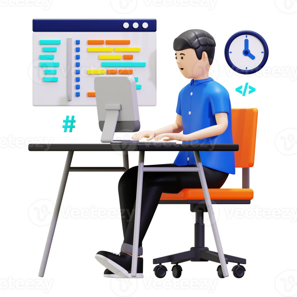 3d Man Sitting In Front Of Computer Developing Program Illustration png
