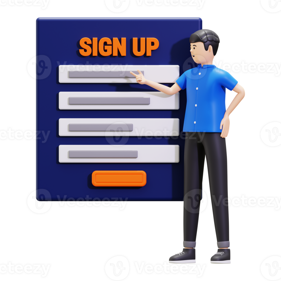 3d Young Man Doing Online Registration And Sign Up Illustration png