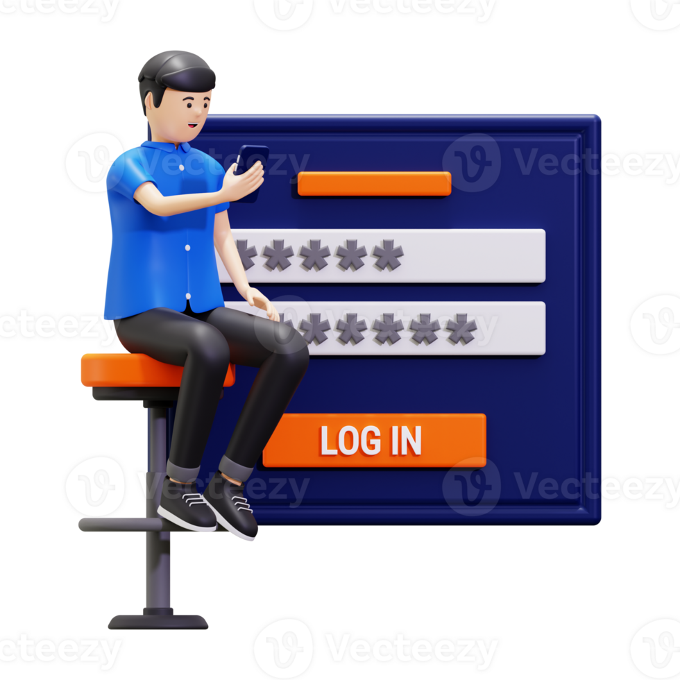 3d Man Holding Mobile Sign In With Security Key Illustration png