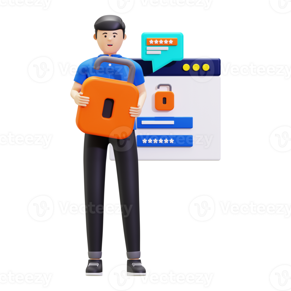 3d Sign In With Man Holding Padlock Illustration png