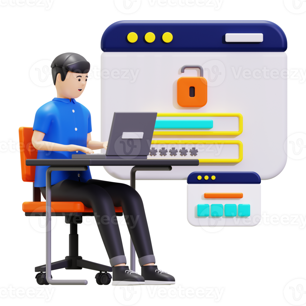 3d Young Man Working On Laptop While Login On Website Illustration png