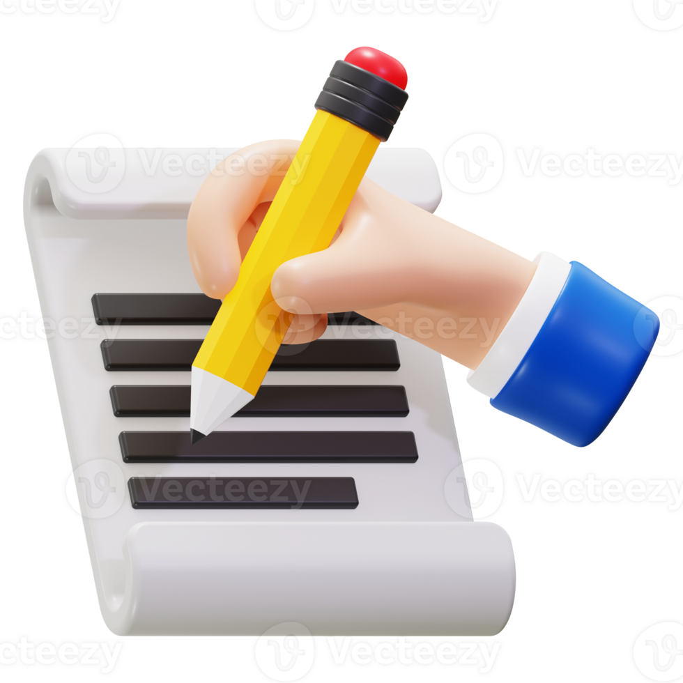 3d Content Writing icon. Handwriting on scroll with yellow pencil png