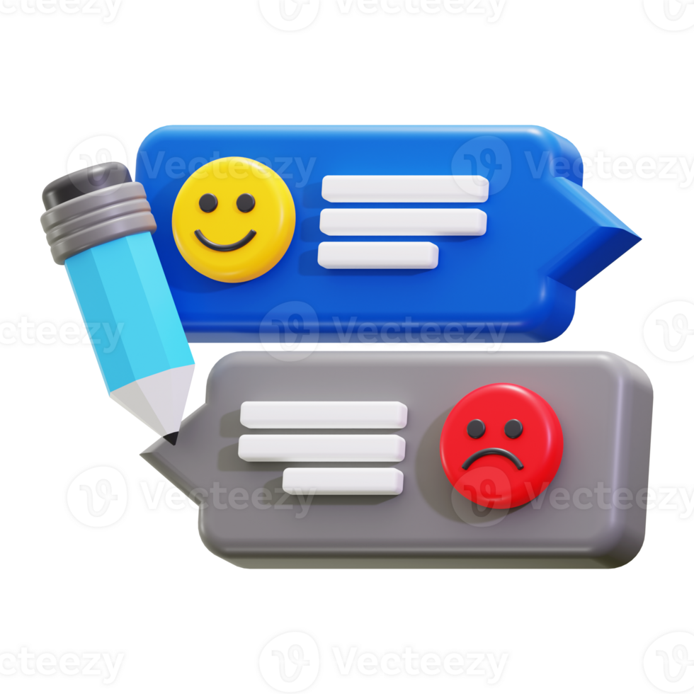 3d Feedback icon. Two speech bubbles with emojis and a pencil png
