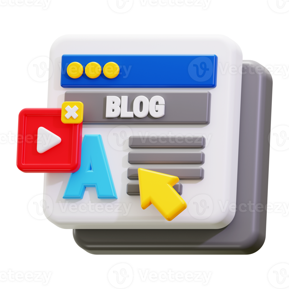 3d Blogging icon. 3d website design with play button, cursor, and blog post element png