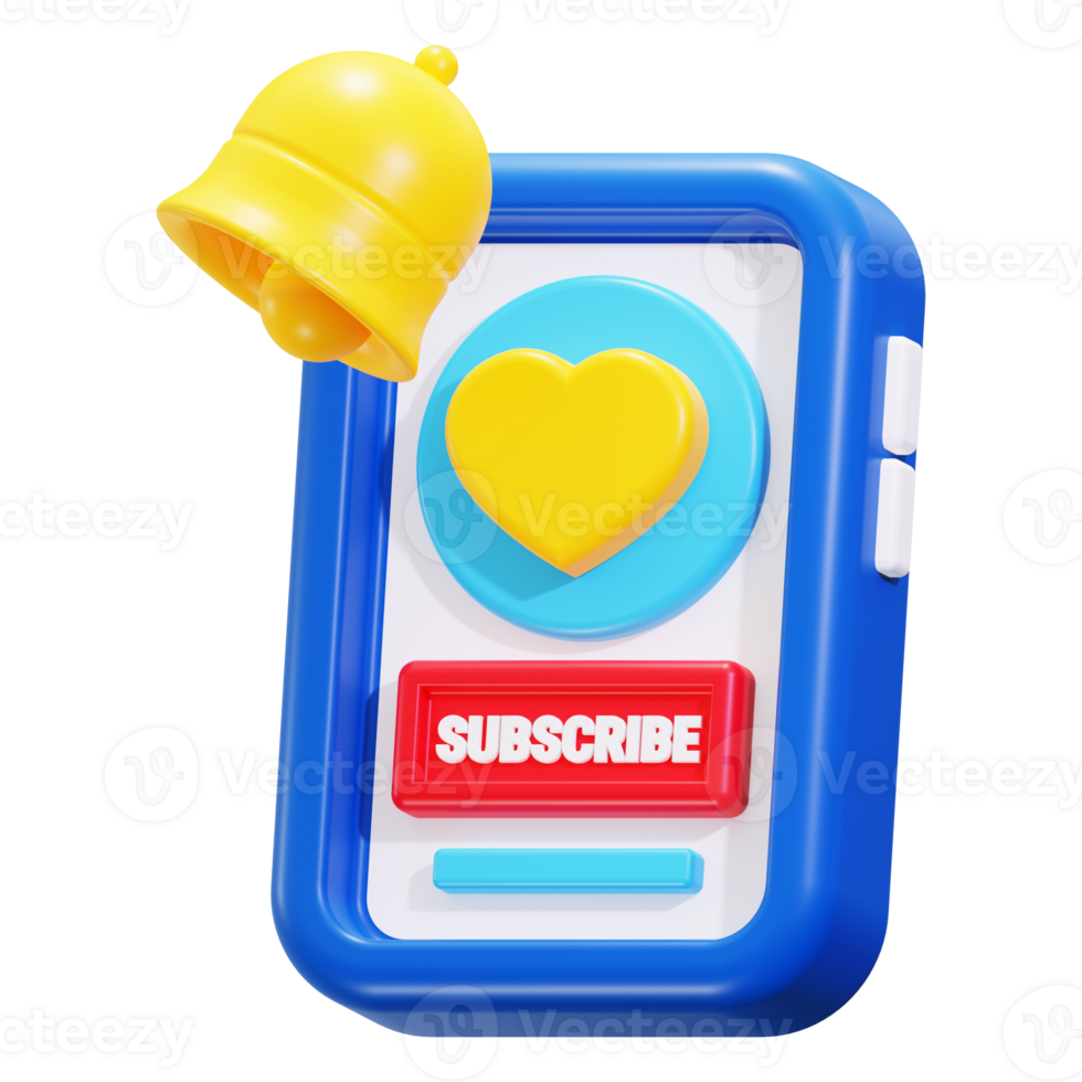 3d Subscribe icon. Blue phone, yellow bell, heart and red button png