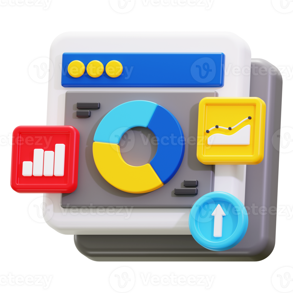 3d Web Statistic icon. Web page featuring charts, graphs, data, and upward trend arrow png