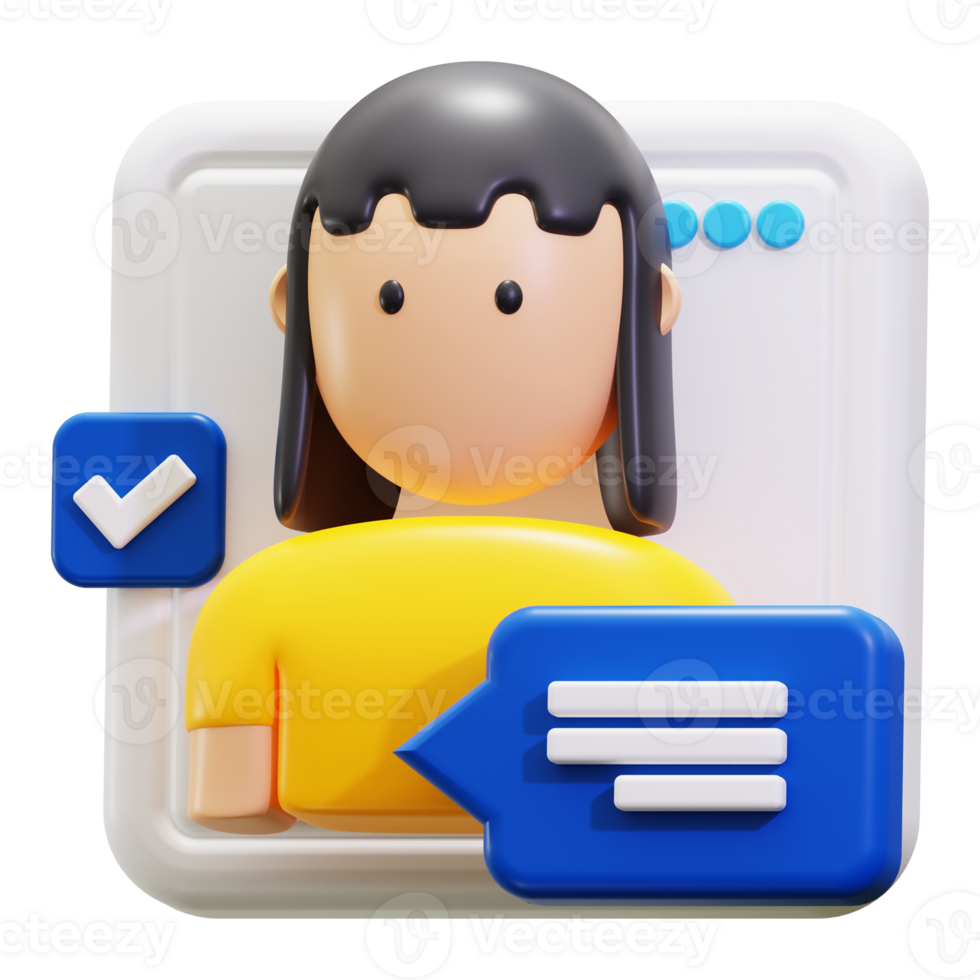 3d rendering of comment, communication and talk. 3d rendered woman profile with a checkmark and chat bubble png