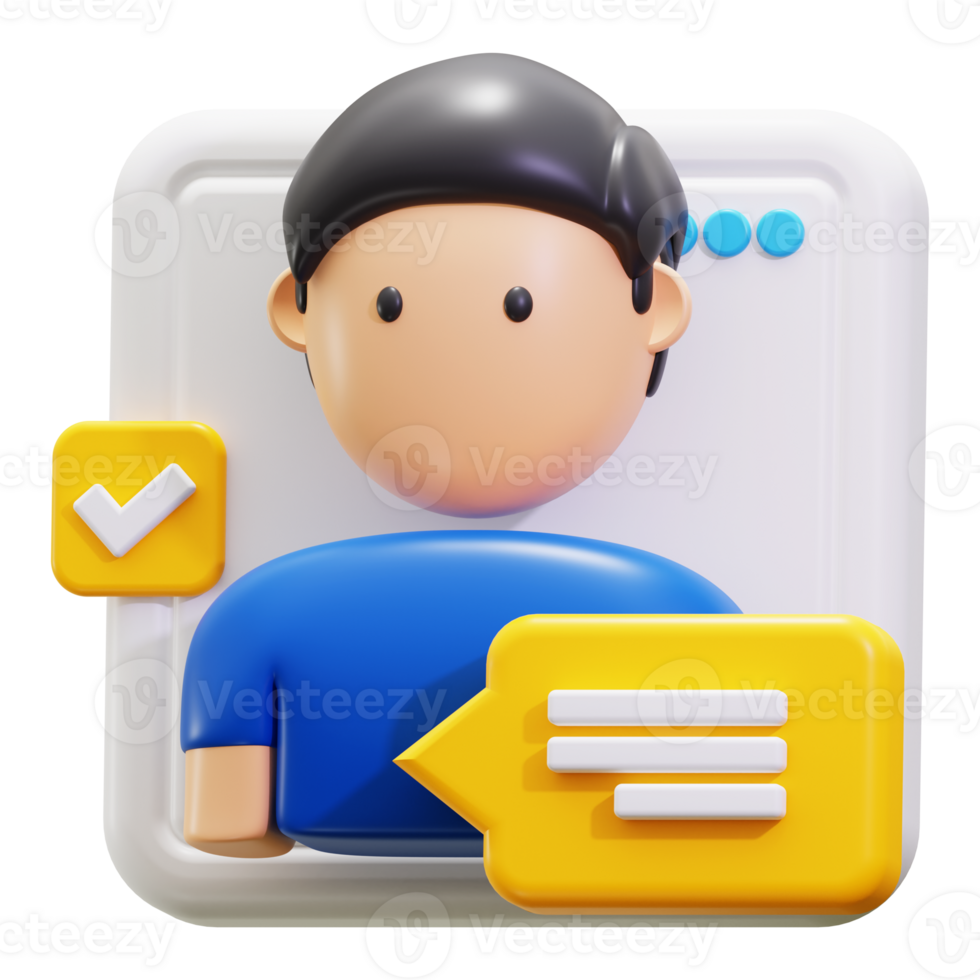 3d rendering of comment, communication and talk. 3d rendered man profile with a checkmark and chat bubble png