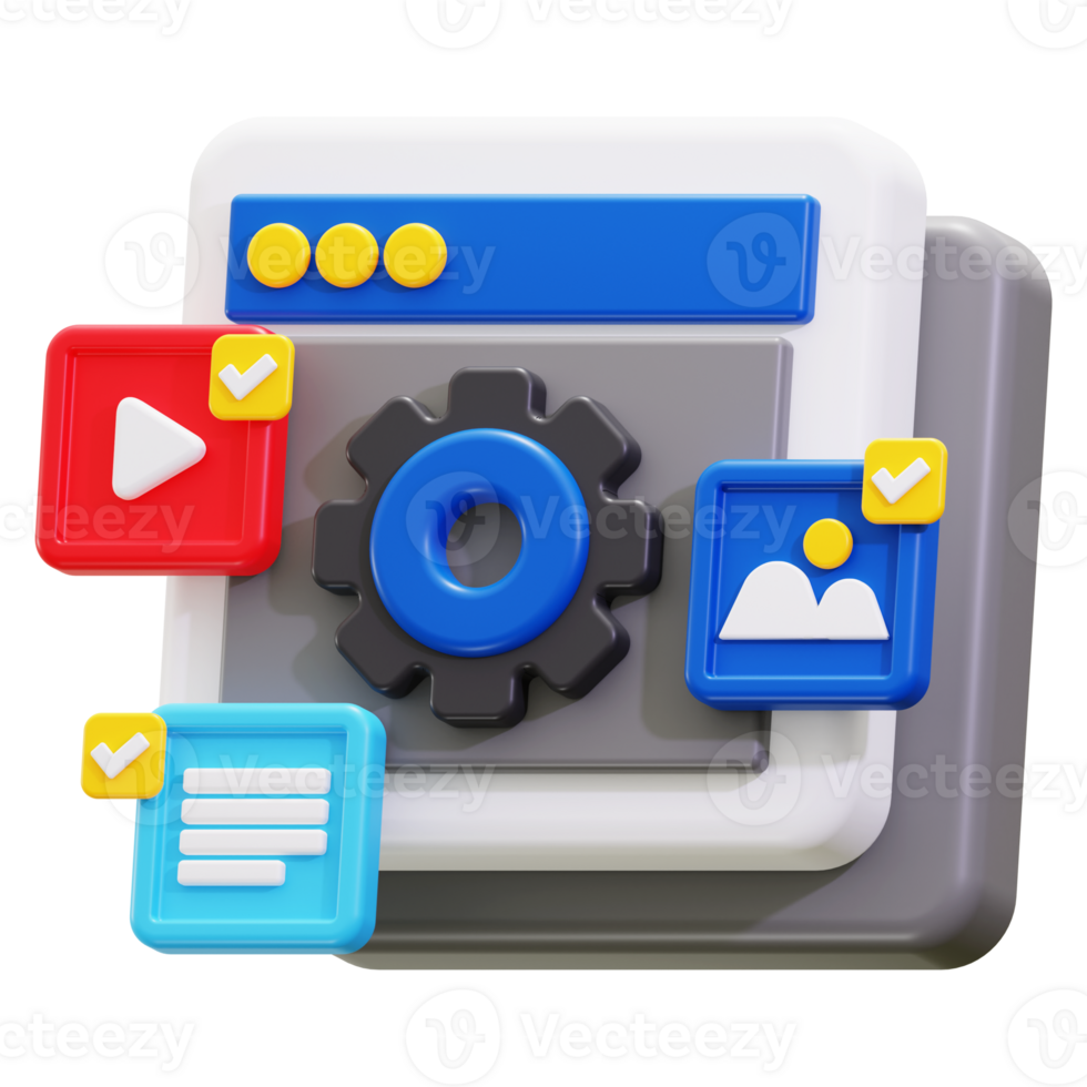3d Content Management icon. Web browser interface settings with gear and check marks png