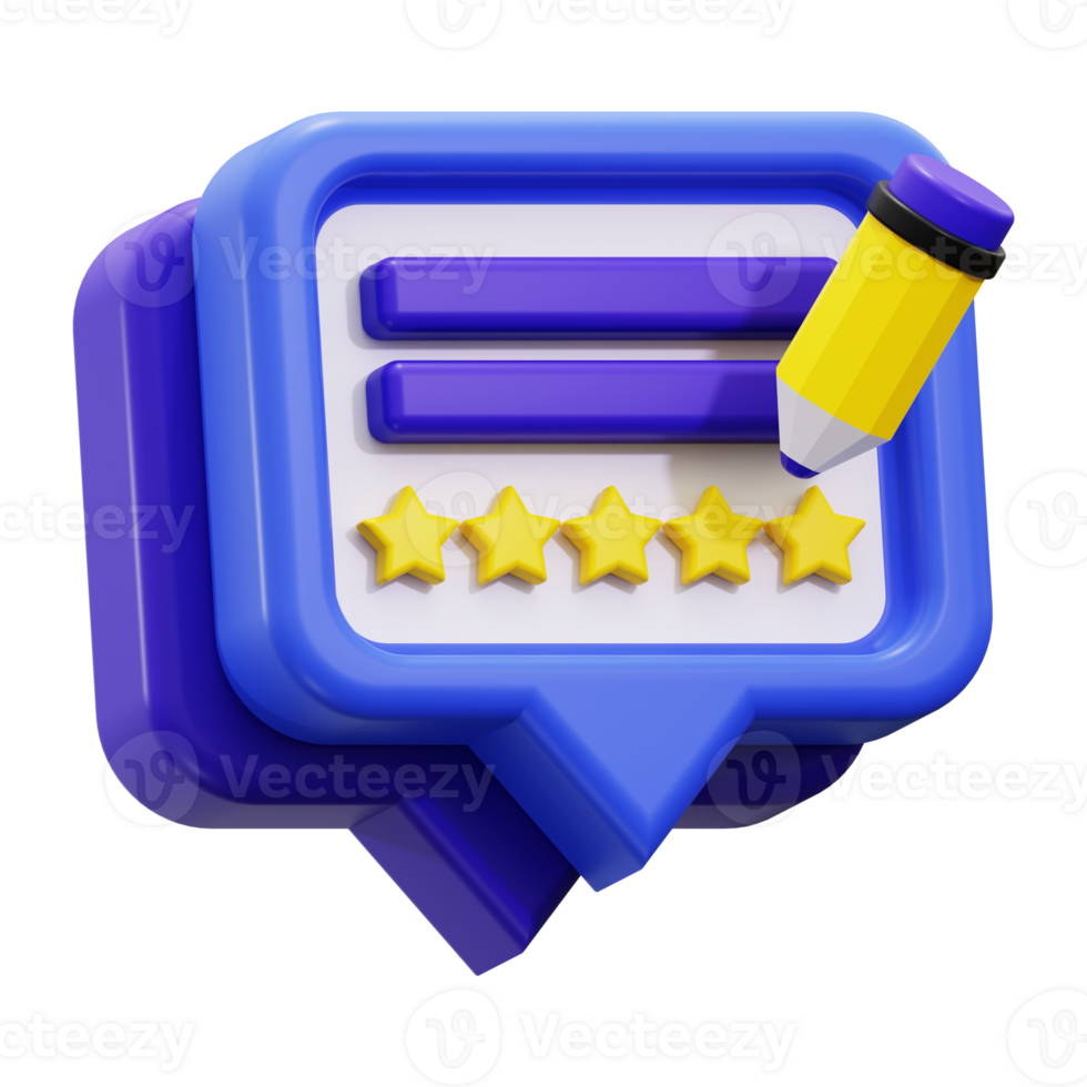 3d Feedback icon. Blue speech bubble with five yellow stars and a yellow pencil, perfect for educational or review related designs and concepts png