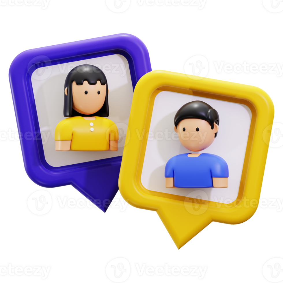 3d Conversation icon. Two speech bubbles with cartoon profile pictures of people for social media, communication, dialogues, discussions, and virtual interactions concepts. png