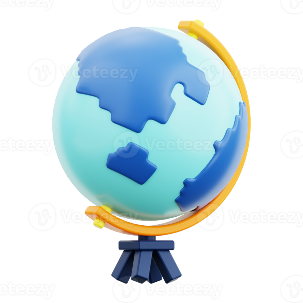 3d Study Globe icon. Blue globe with yellow and orange stand suitable for educational, environmental, and technology concepts in design projects or presentations. png