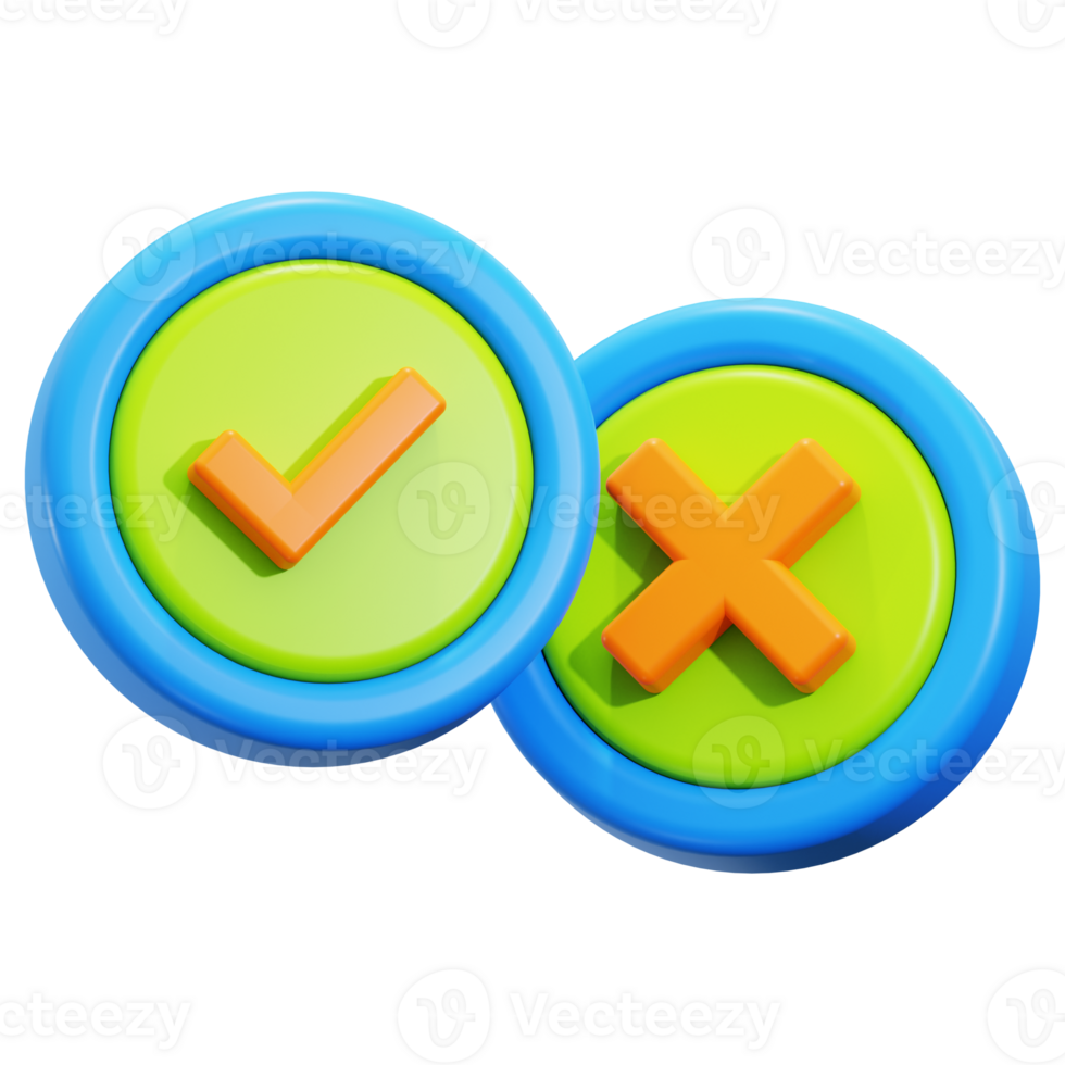 3d Decision Making icon. Two colorful round buttons featuring check mark and cross symbols, suitable for website forms and interactive user interfaces png