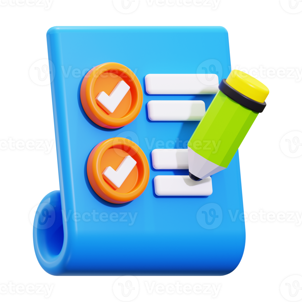 3d Checklist icon. Blue checklist with checkmarks and pencil for productivity and organizing concepts in business, education, or daily tasks design projects png