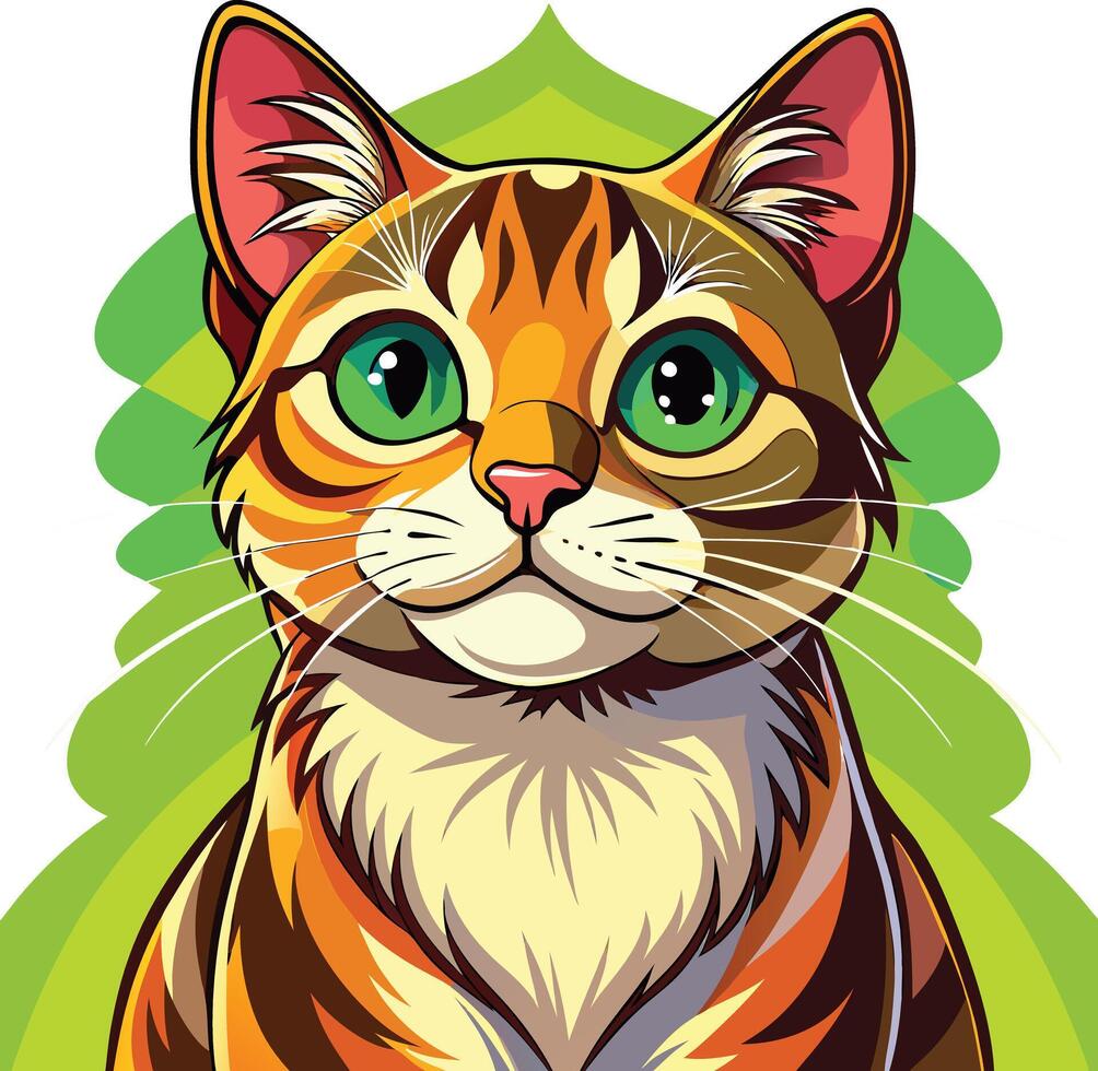 A cartoon cat with green eyes and a green bow vector