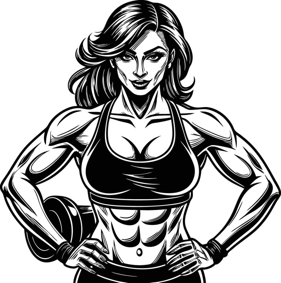 A woman with a dumbbell in her hand vector