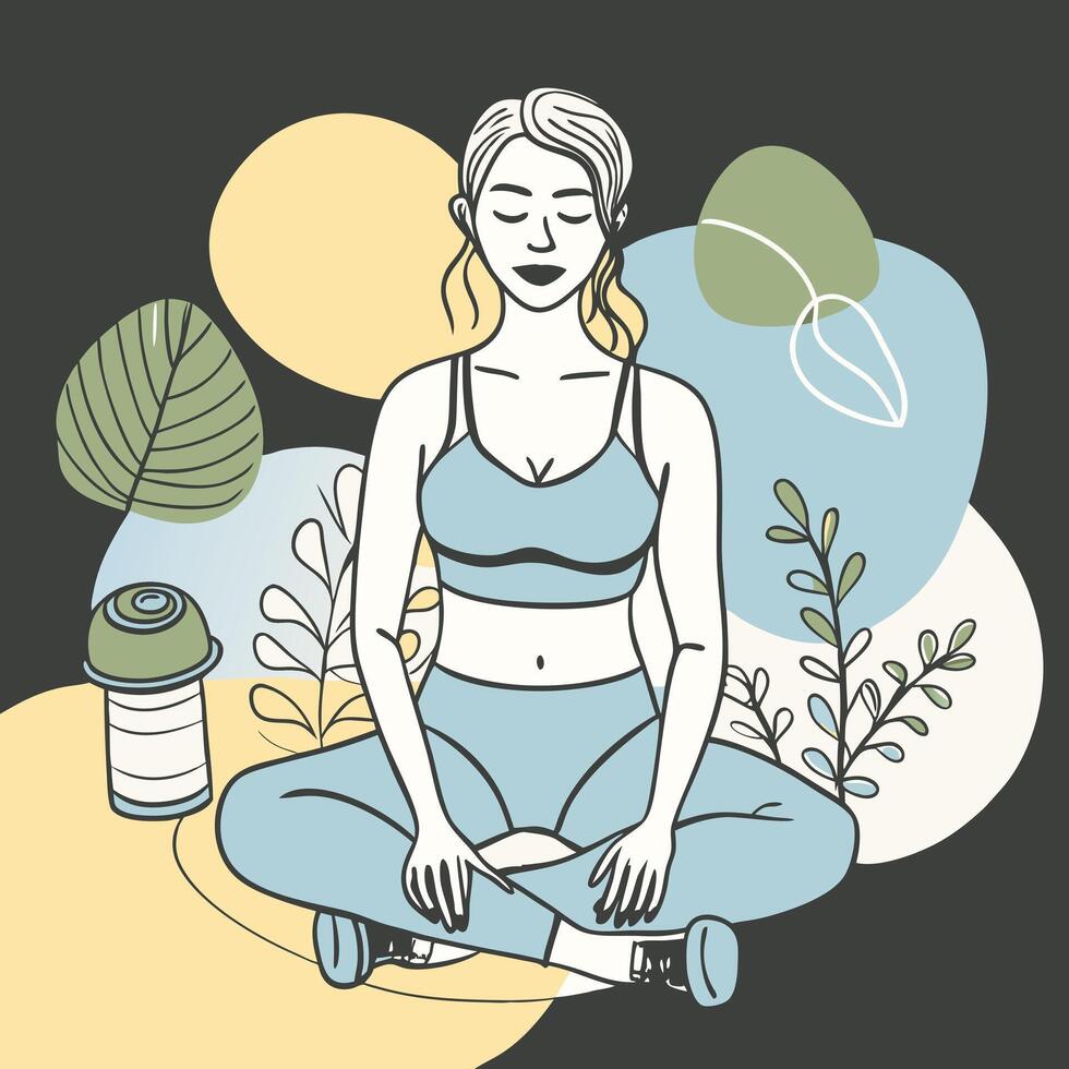 A woman meditating in a yoga pose with plants and water vector