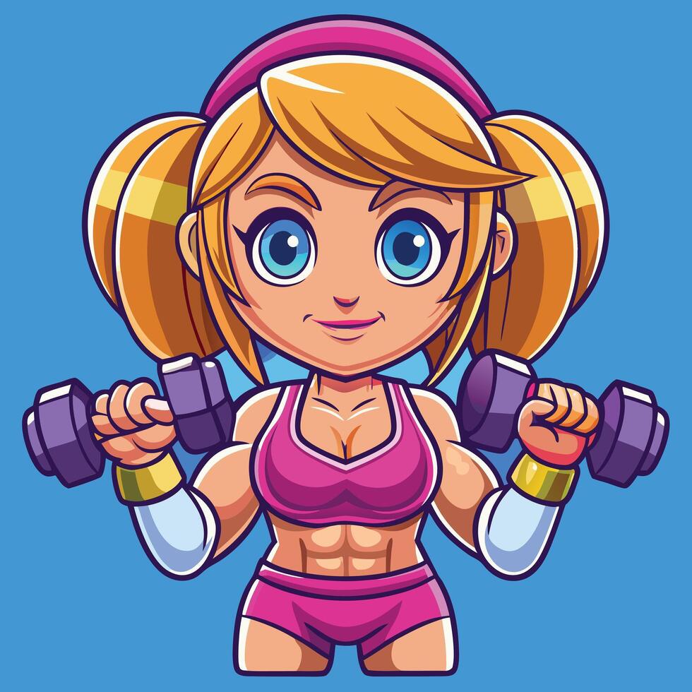 Cartoon girl lifting weights with dumbbells vector