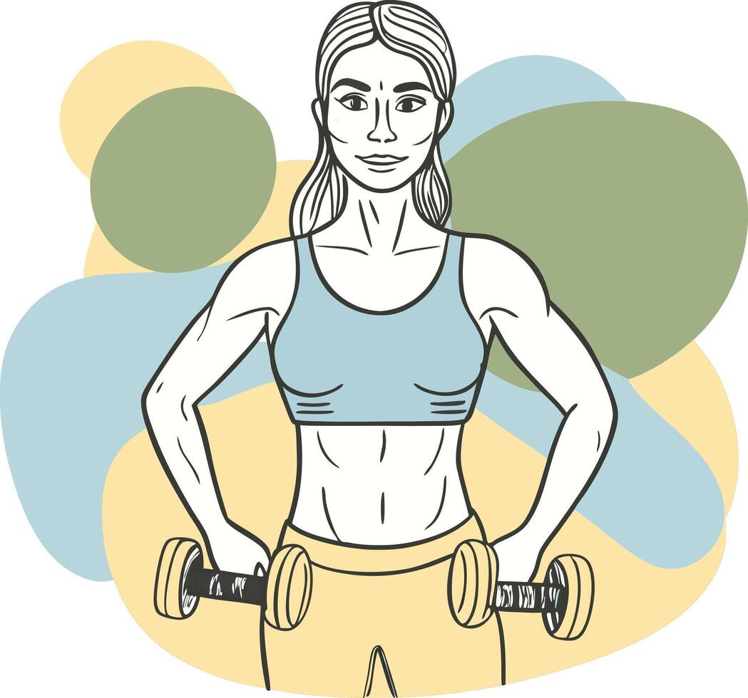 A woman with dumbbells in hand vector