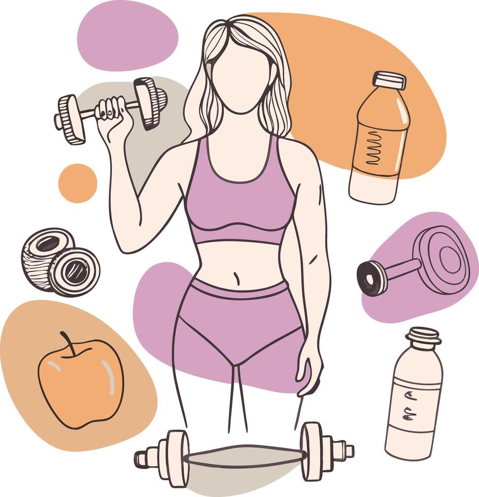A woman is holding a dumbbell and drinking water vector