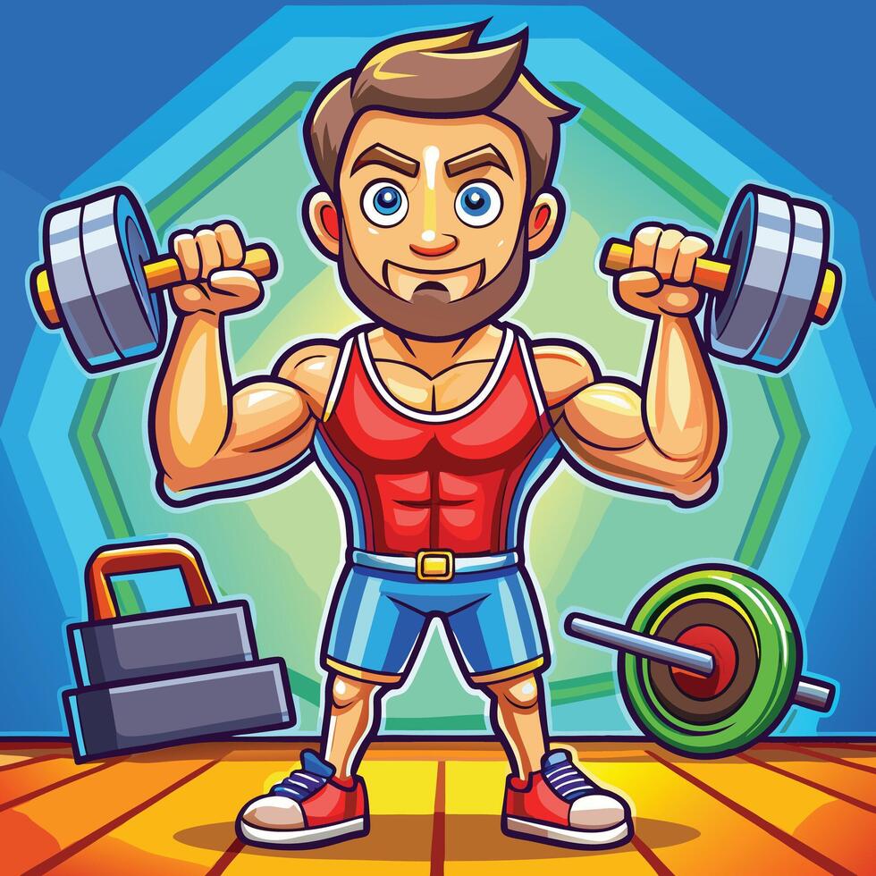 A cartoon man holding a dumbbells and a barbell vector