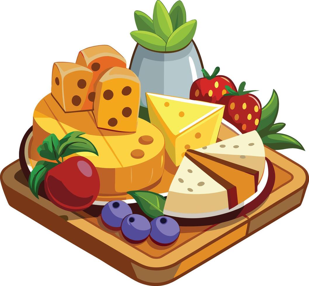 Cheese, fruit and berries on a wooden tray vector