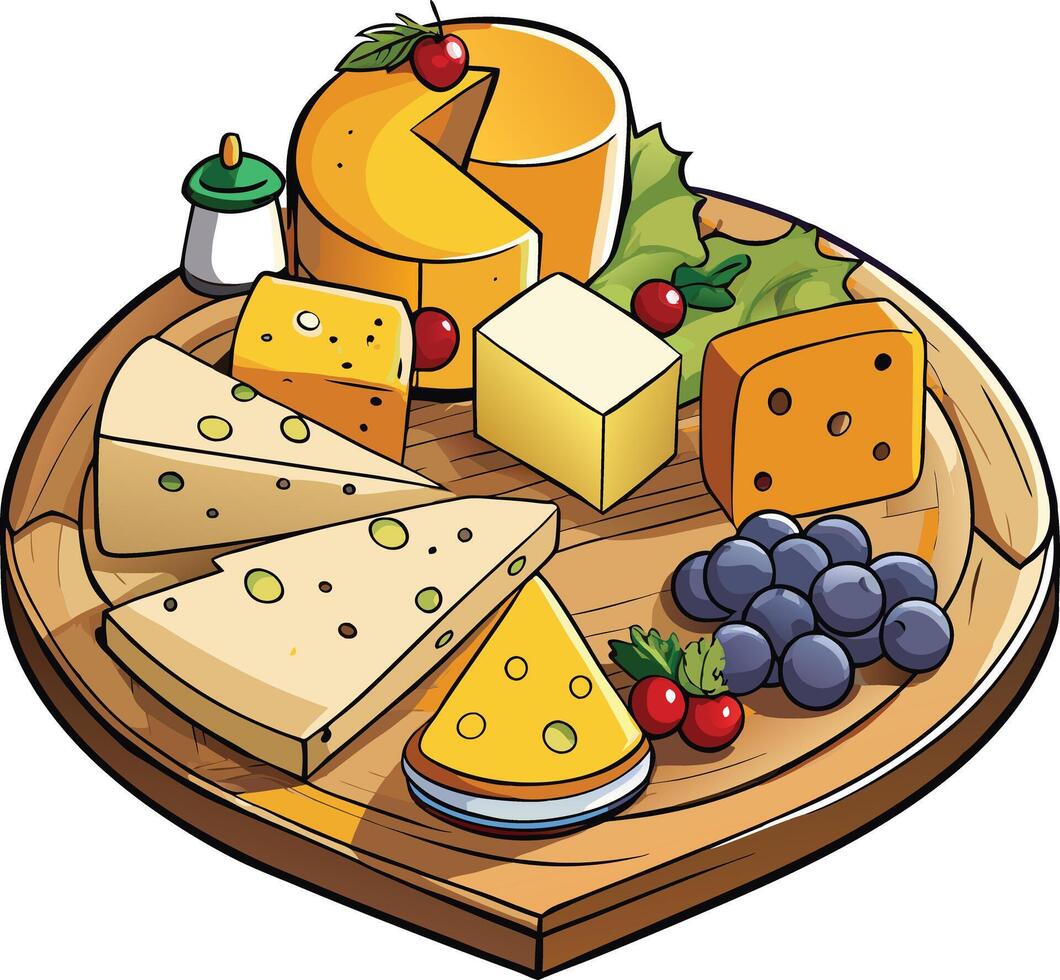 Cheese and fruit on a wooden tray vector