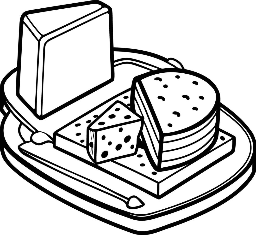 A coloring page with a plate of cheese and a knife vector