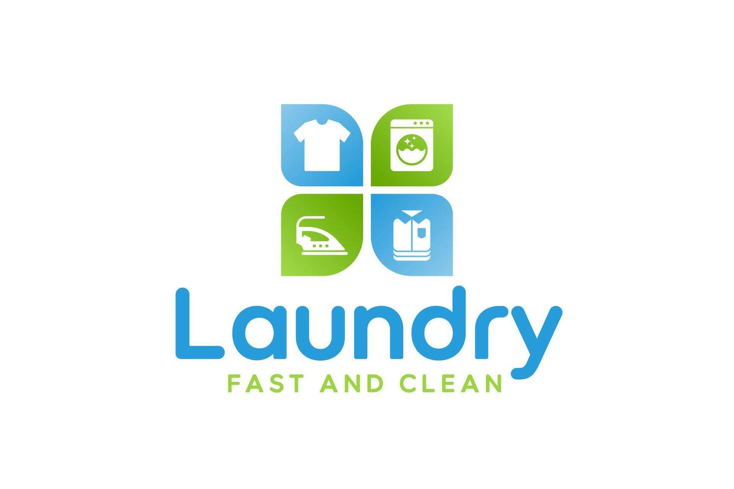Laundry service logo template design. Washing machine, clothes, iron, and folded clothes icon vector