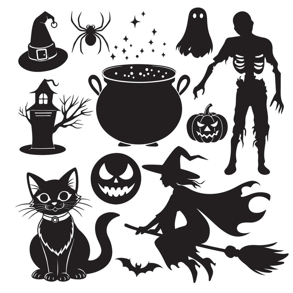 A set of Happy Halloween elements in black and white Silhouette icon illustration vector