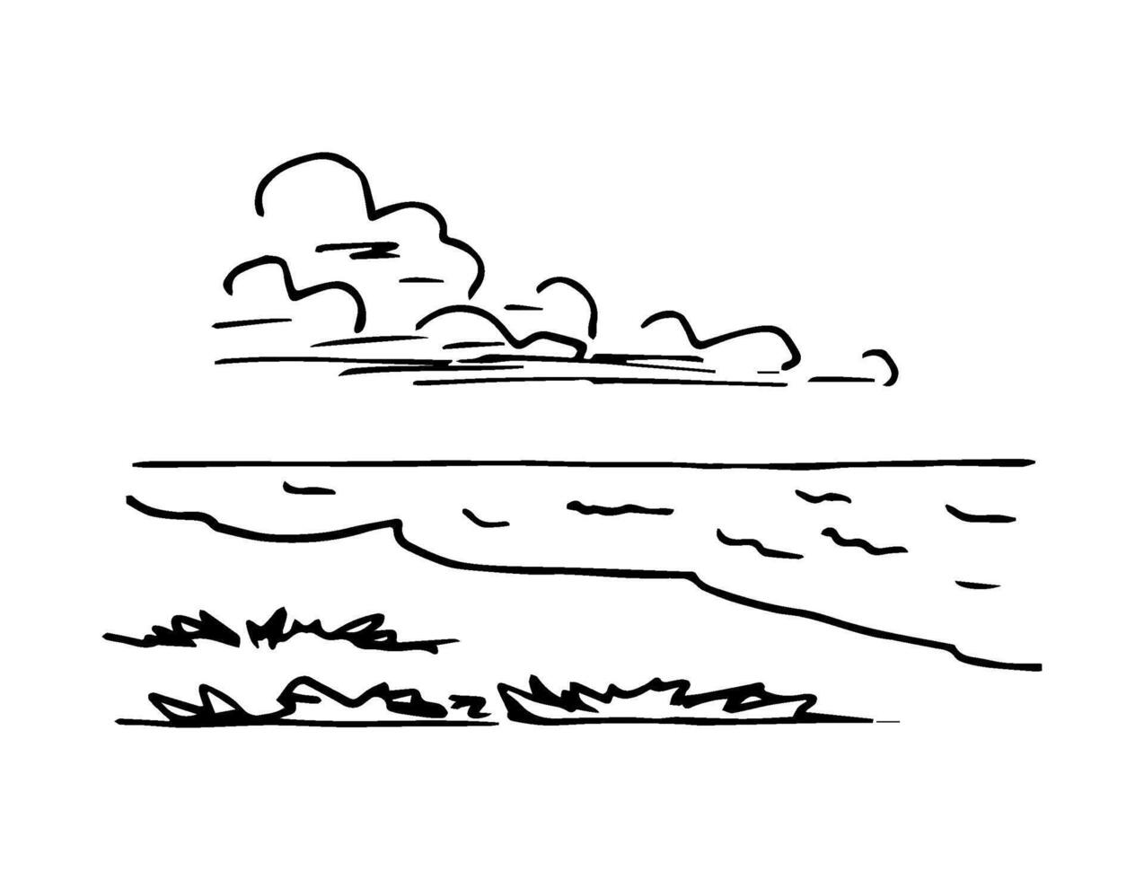 Hand-drawn simple illustration with black outline in engraving style. Sea shore, lakes, clouds, sand, water. Coastal landscape, nature. vector