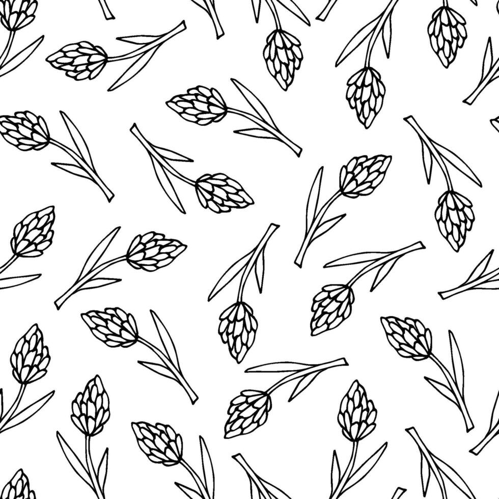 Simple hand drawn floral black and white seamless pattern. Contour drawing of a flower on a stem. For prints of packaging, fabric, stationery. vector