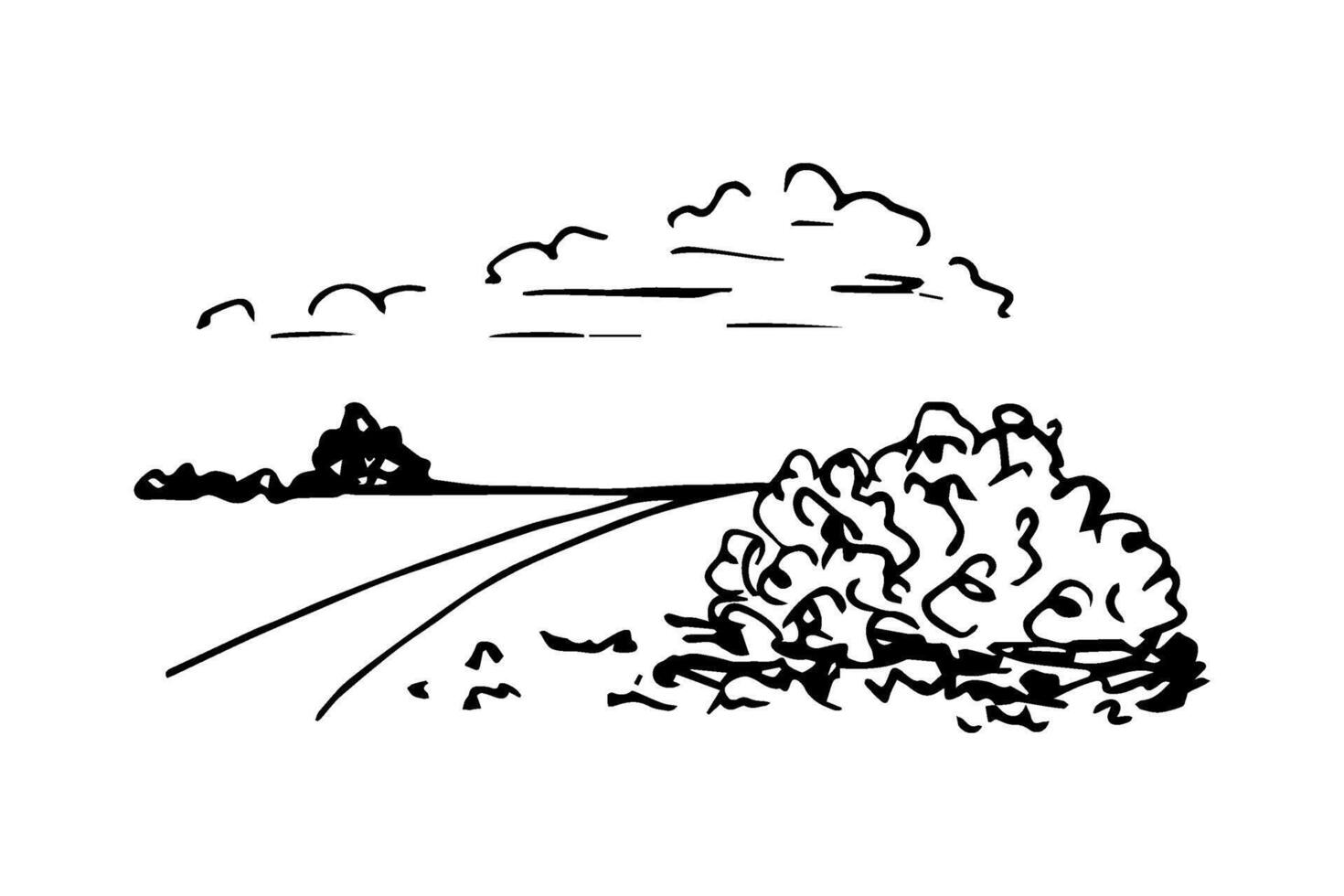 Simple hand-drawn sketch in black outline. Natural rural landscape, road, trees, bushes, meadows, clouds. vector