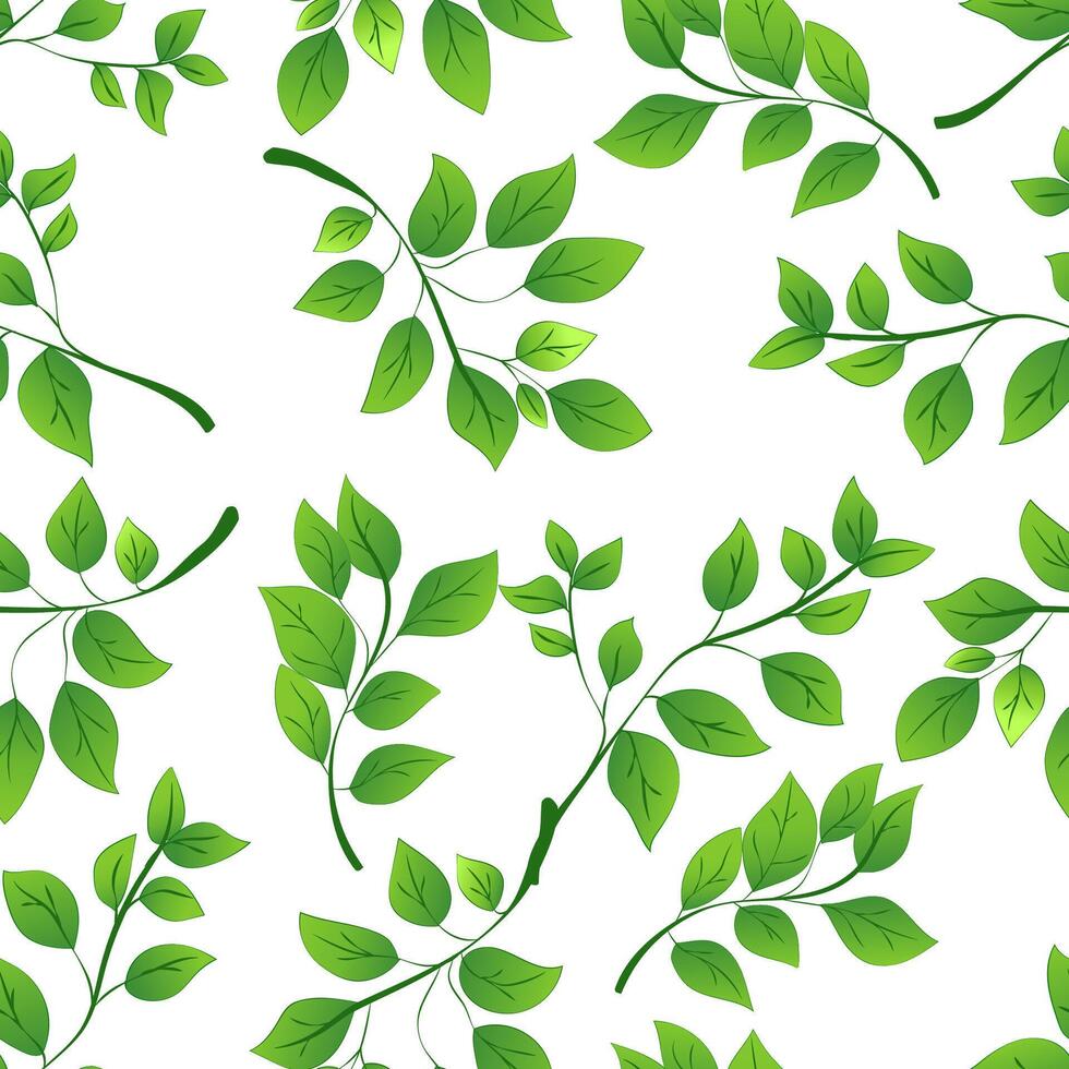 A seamless pattern featuring lush green leaves of various shapes on a clean white background. illustration vector