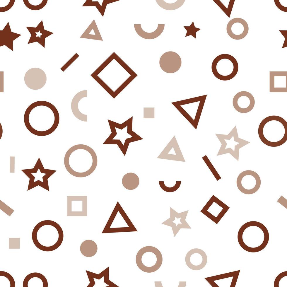 This image features a seamless pattern of geometric shapes including circles, stars, and triangles on a white background. illustration vector