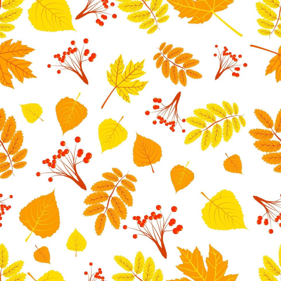 A seamless pattern featuring various autumn leaves and berries, designed in a vibrant graphic style on a white background. illustration vector
