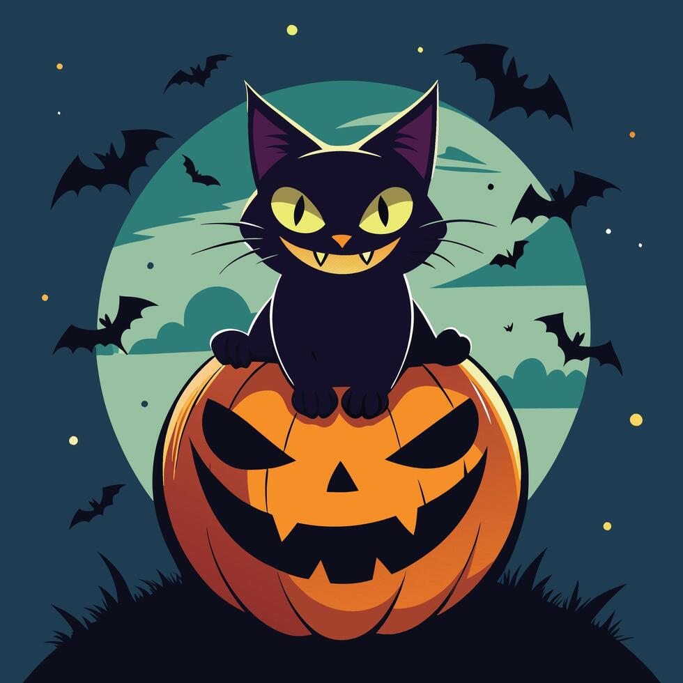 Halloween scary black cat with a horror background vector