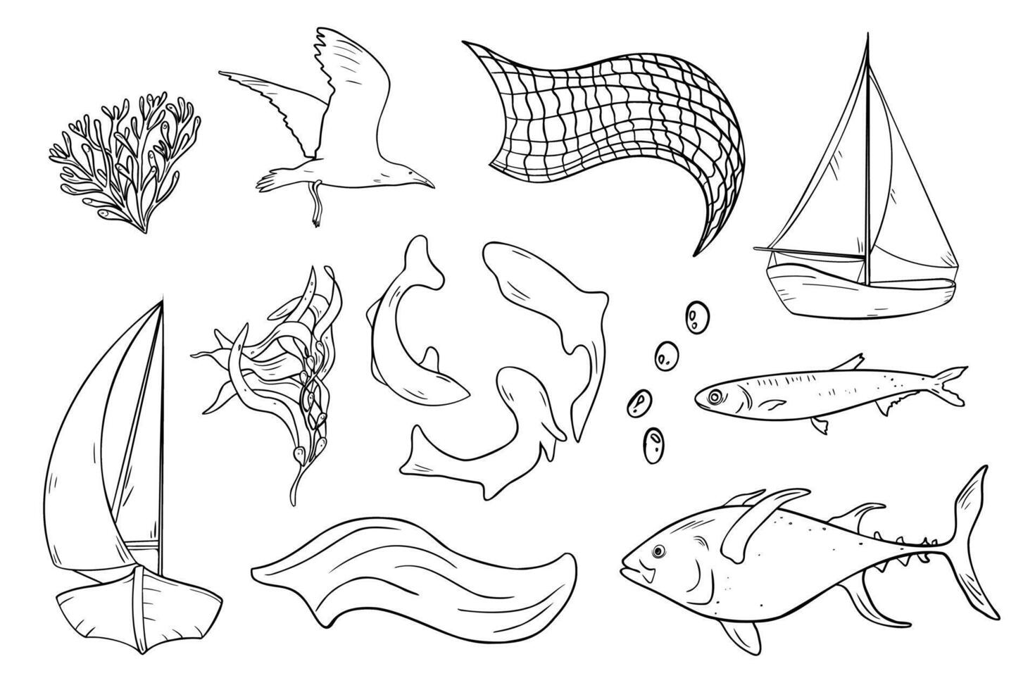 Marine life set with fishing boat and net black and white illustration isolated. Big and small sea fish hand drawn ink silhouette. Set of sea waves and seaweeds contour. Underwater in line art. vector