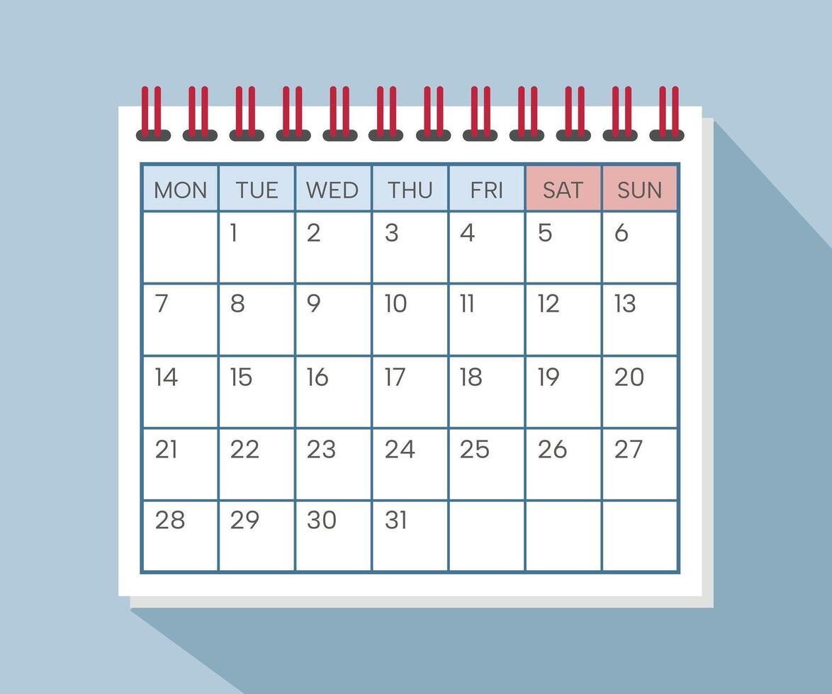 flat cartoon calendar month with days and weekends vector